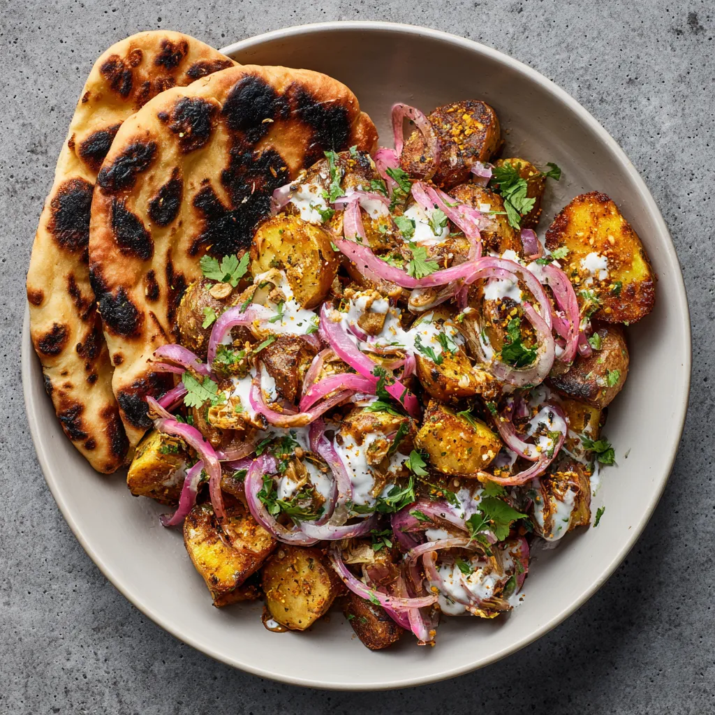 Golden, crispy sunchokes sit atop a vibrant mix of red onions, green cilantro, and white yogurt, with dark mustard seeds speckled throughout. A couple of well-grilled Tandoori masala naan rest alongside this vivacious medley, their charred edges creating a beautiful contrast.