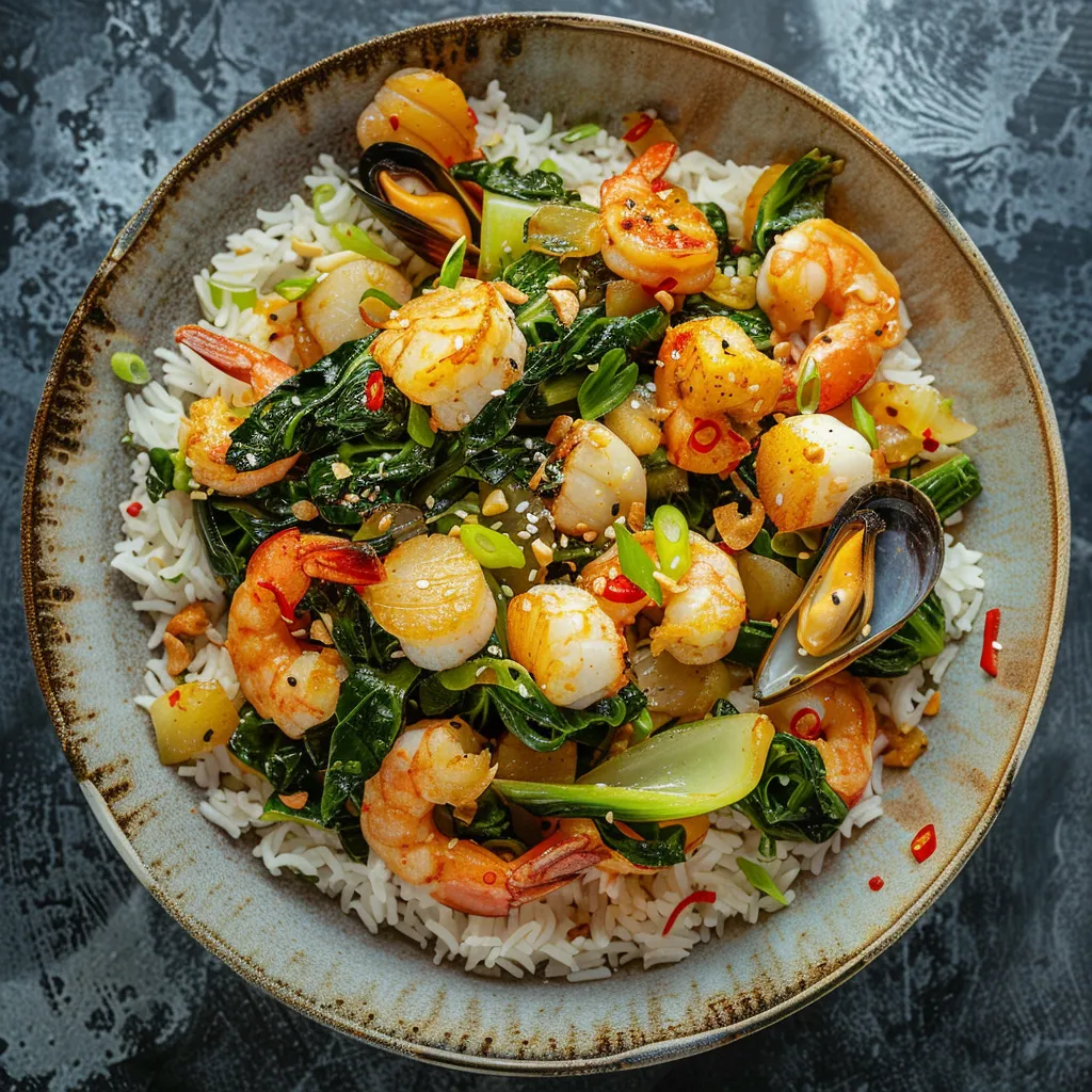 At first glance, a vibrant and contrasting display captures your eye. The succulent, golden prawns, scallops and mussels, generously sprinkled with Indian spices are nestled on a bed of lemon-infused jasmine rice. Stir-fried, glossy, green Bok Choy, lightly charred around the edges forms a visually enticing, curved barrier around the seafood heap while a drizzle of coconut cream complements the dish, adding a softness to the scheme.