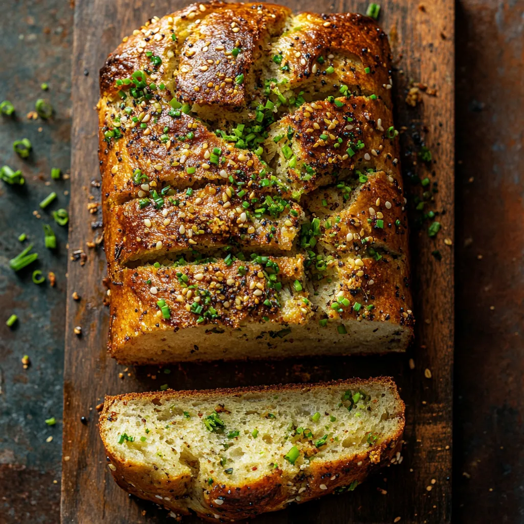 The baked loaf boasts a beautiful, burnished golden-brown crust, dusted with a sprinkling of cumin seeds interspersed with tiny specks of vibrant green chives. A neat horizontal cut reveals the fluffy, light interior of the bread, inviting and delicious.