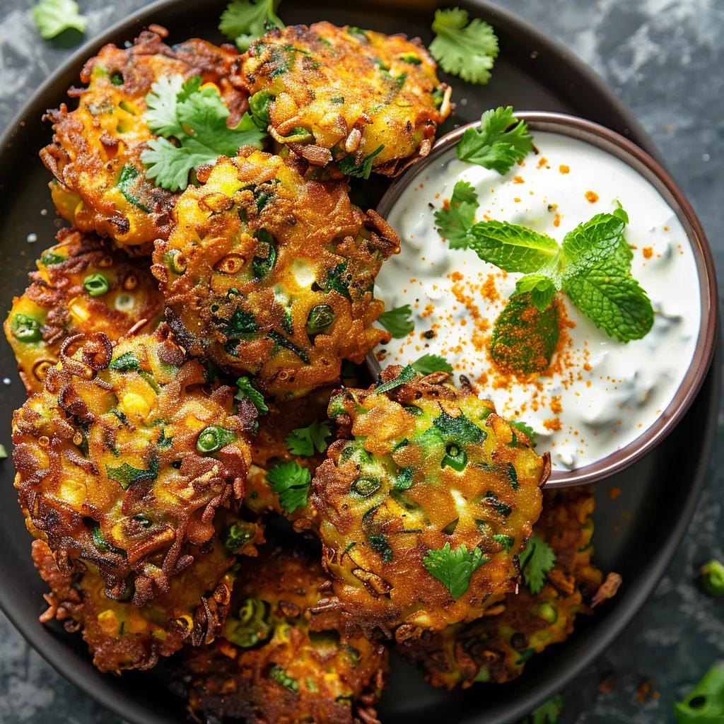 Golden, crispy fritters that are flecked with green from the fava beans and sprinkling of fragrant cilantro. They are nestled against a pool of creamy, white coconut dip, adorned with a dusting of turmeric and cumin. A vibrant mint leaf elegantly crowns the dish.
