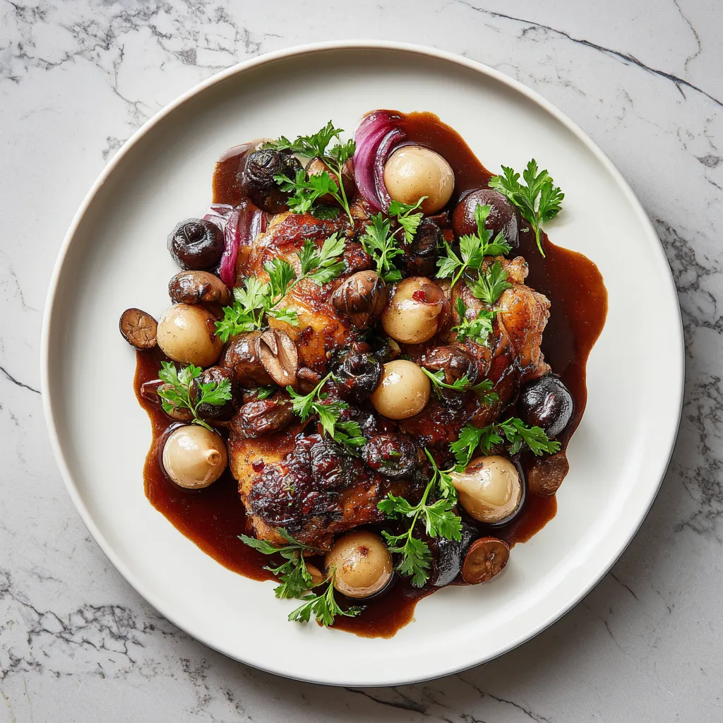 A polished white plate serves as the canvas, where chunks of bronzed, crisped chicken peek out from a lustrous wine-induced rouge sauce. An assortment of pearl onions, succulent mushrooms, and specks of fresh parsley artistically scattered provides a beautiful contrast.