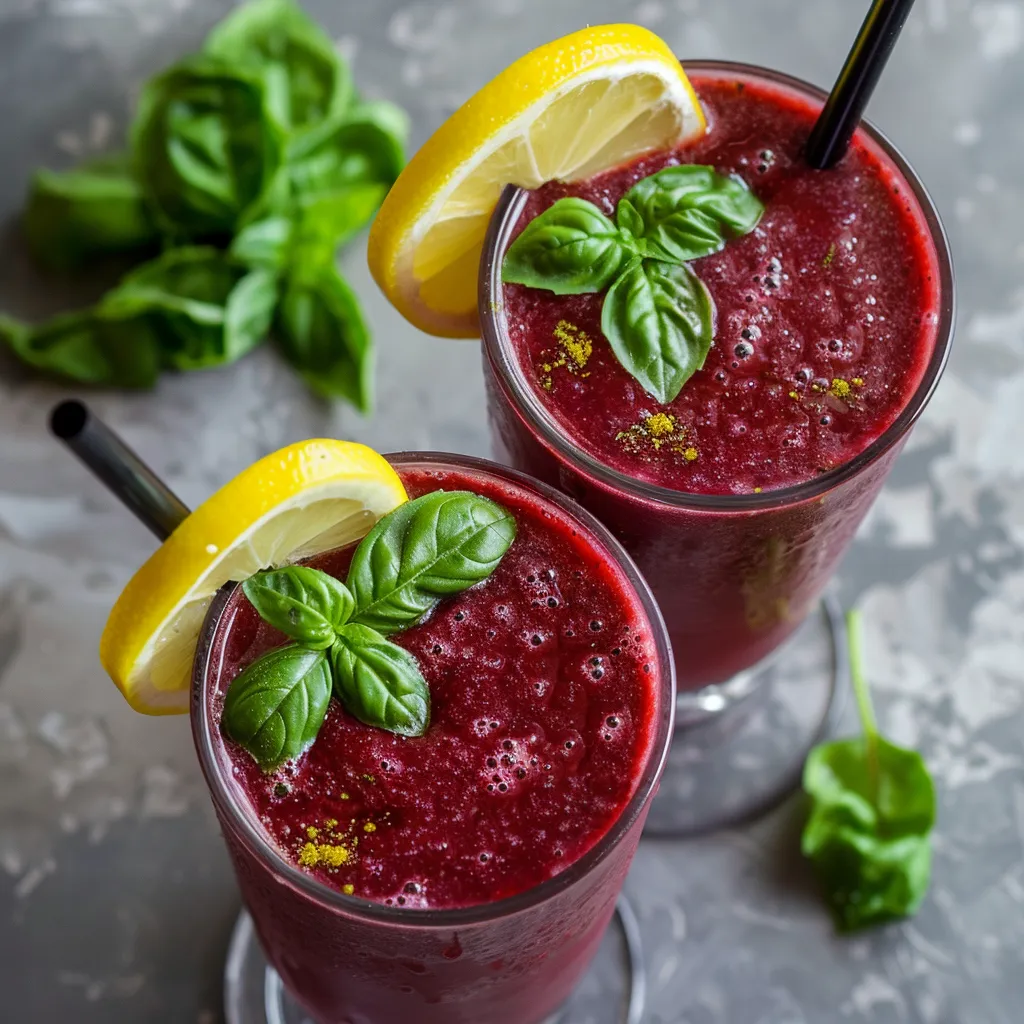 The smoothie is of a deep, mesmerizing ruby-red hue, served in two tall glasses adorned with a slice of lemon on the rim and a sprig of fresh basil resting on top. The contrasting green and lemon yellow provide a bold and stunning visual against the rich red. Not to forget, a biodegradable straw plunged into the middle completes the look.