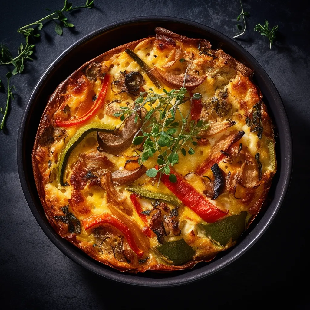 A golden brown frittata with roasted vegetables and cheese on top.
