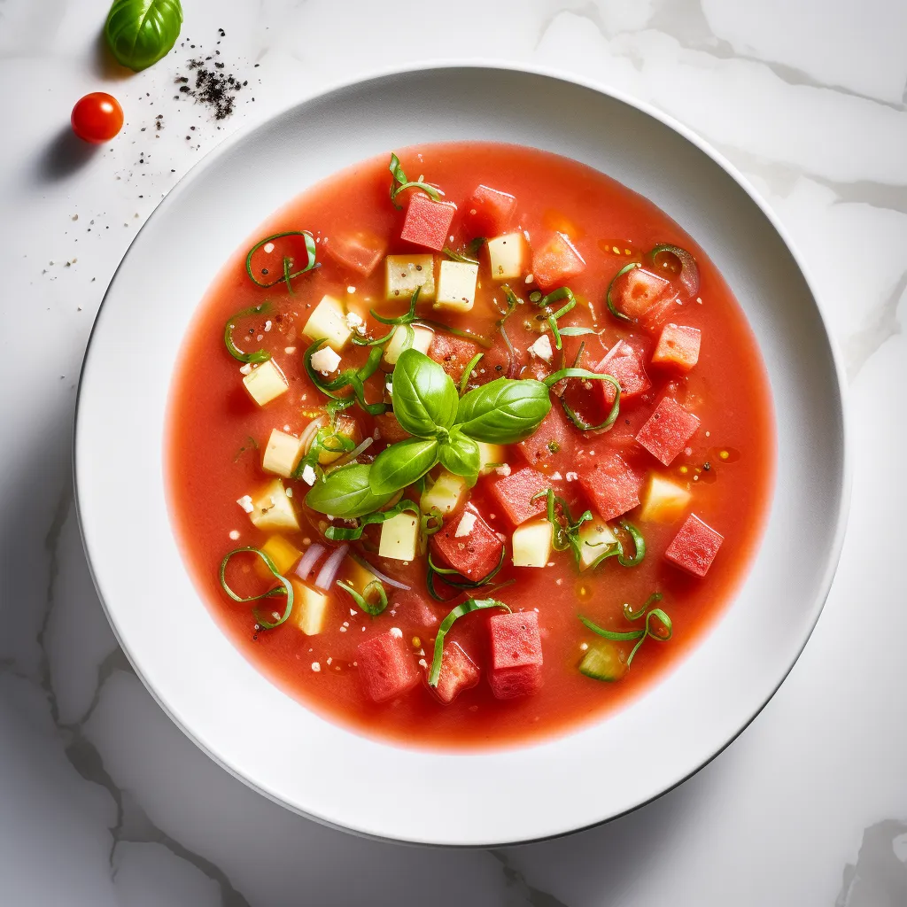 Vibrant rosy soup garnished with tiny diced watermelon and tomato cubes, a sprig of fresh basil, and a drizzle of olive oil, served in a pristine white bowl.