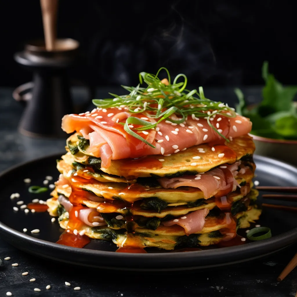 A picturesque stack of golden pancakes tower on a matte black plate. The pancakes are studded with vibrantly green basil, bold red kimchi, and thin, glossy ribbons of prosciutto. Micro greens and a sprinkling of sesame seeds provide a finishing touch. A sleek silver fork and knife rest at the side, ready to dive into the appetizing composition.