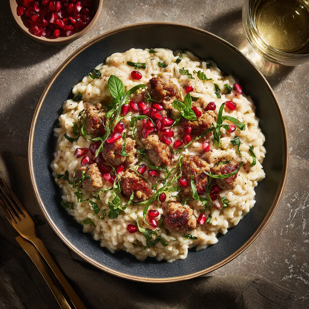 A creamy heap of risotto with pops of bright red pomegranate arils, speckles of green basil, and chunks of beautifully browned sausage peeking through.