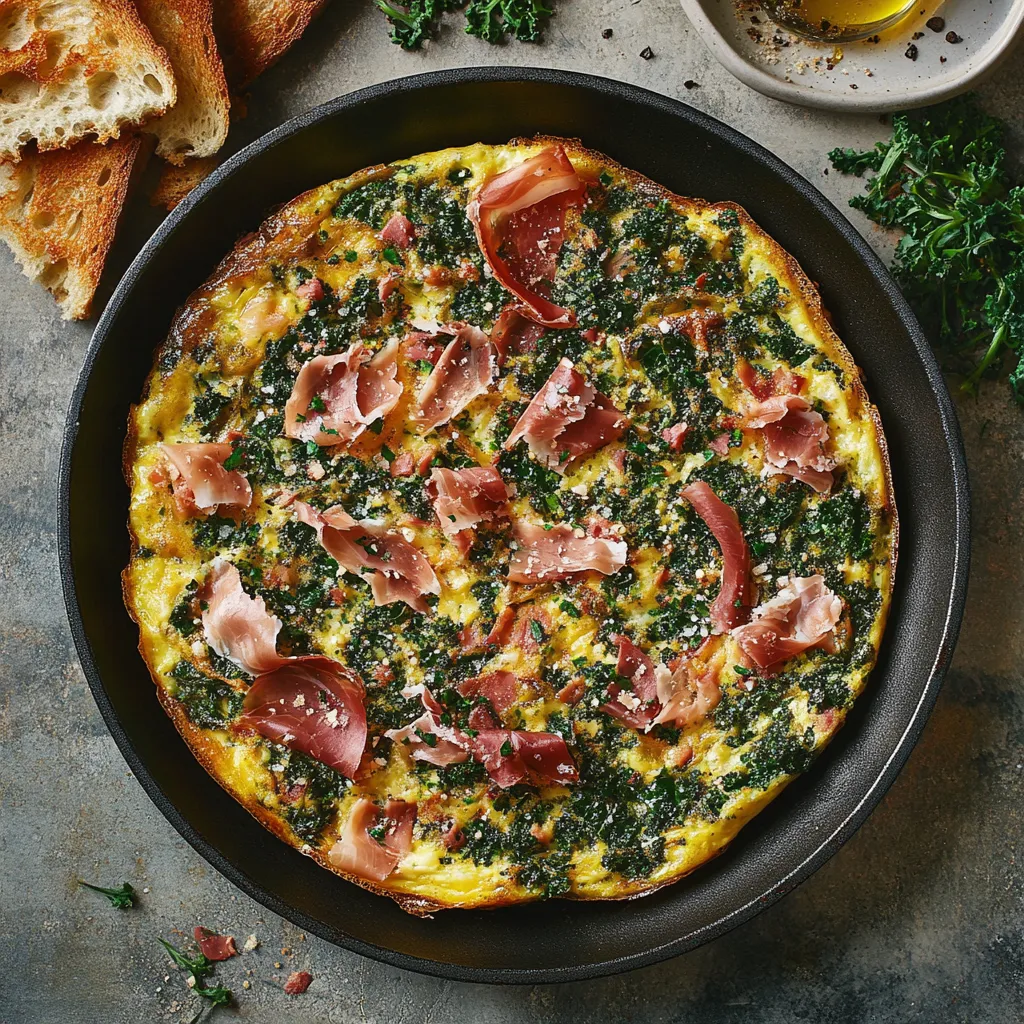 A golden frittata sprinkled with emerald kale bits sits in the center surrounded by shards of crispy, ruby-red prosciutto. A delicate drizzle of garlic-infused olive oil adds a glossy finish, with a side of toasted Italian bread to complete the rustic appeal.