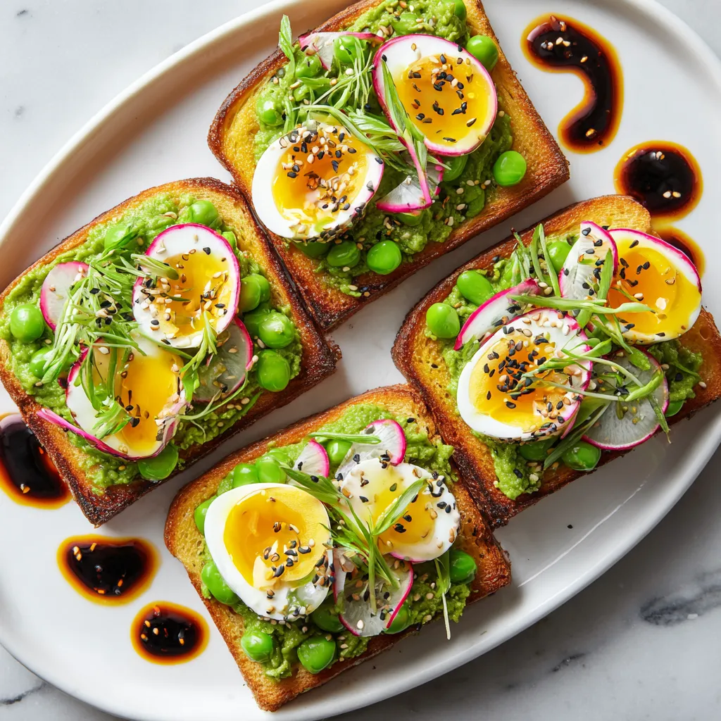 From above, four thick slices of golden toast are spread with bright green pea-edamame smash, topped with halved jammy eggs, pale pink radish ribbons, black sesame seeds, scallions, and tiny herb leaves, arranged on a white platter with glossy chili oil swirls.