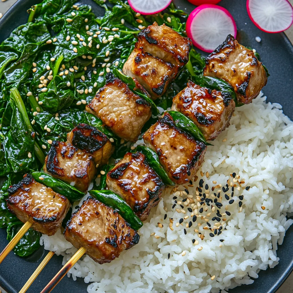 Golden, charred skewers lay elegantly across the plate. Juicy pieces of marinated pork and vibrant green spinach leaves are intertwined on the skewers, each piece seared with delightful grill marks. A glossy teriyaki glaze coats over the top. A side of sticky white rice balances the bold skewers, and a sprinkle of sesame seeds provides a delicate crunch. Flashes of pink from the picked radishes adds pops of color.