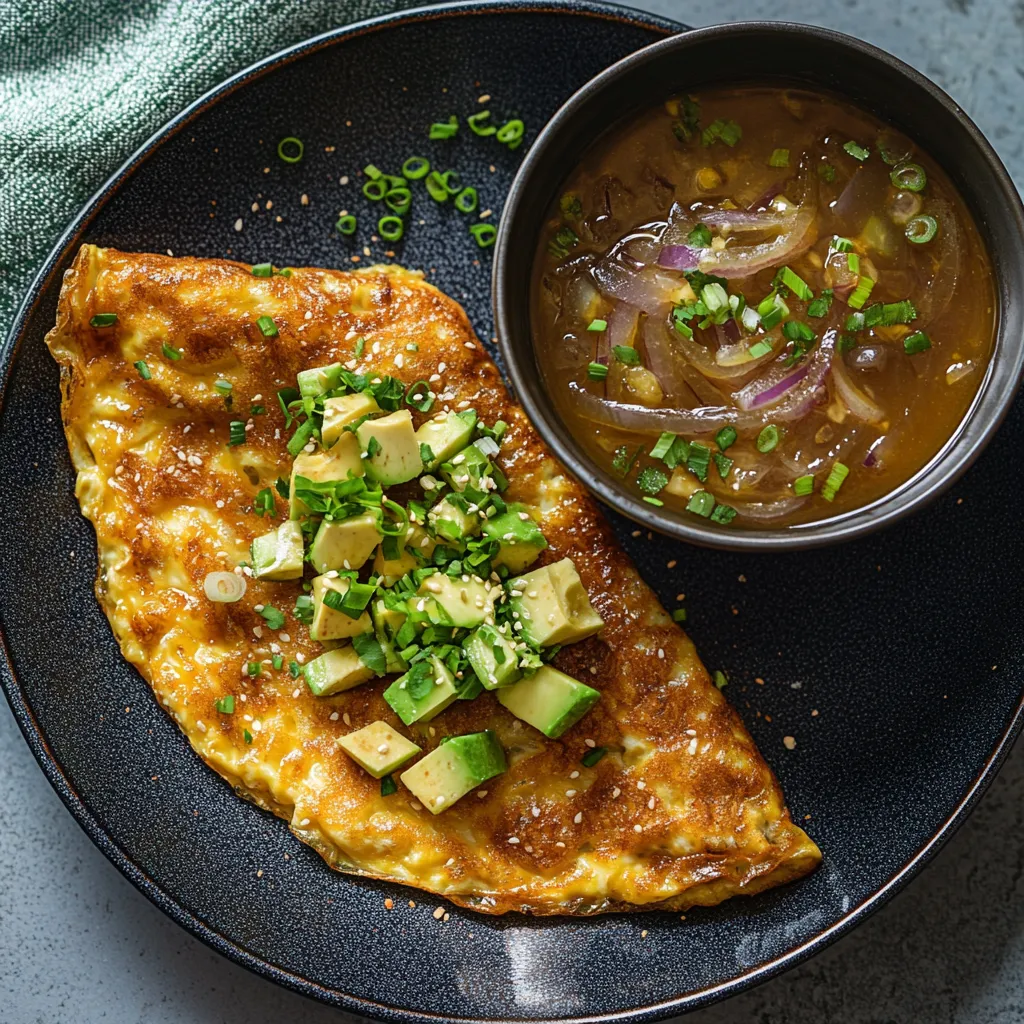 A beautifully plated symphony of shades of brown and green. The delicate, fluffy Japanese omelette is tenderly folded over a mixture of golden caramelized onion and vibrant avocado cubes. Sprinkles of finely chopped spring onions on the side of the omelette offer a burst of fresh green. Beside it, a bowl of deep-brown roasted onion miso soup showcases slices of roasted onion swirling around, adorned with a sprig of parsley.