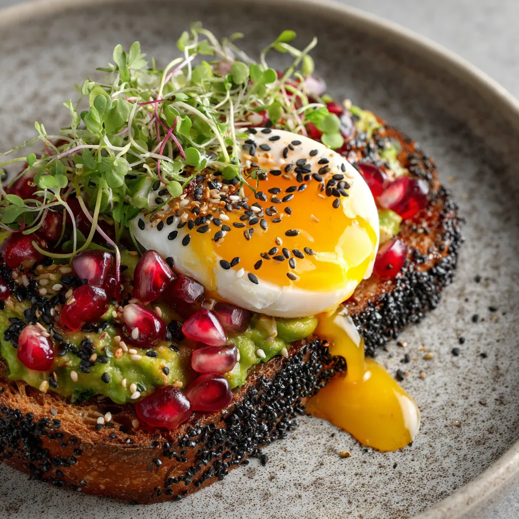Imagine a dish emanating rustic elegance with juicy pomegranate seeds glistening like rare gems atop a luscious landscape of light green avocado, while a runny yolk from the Onsen Tamago seductively cascades over the dish. It's finished with a bright pop of microgreens and striking black sesame seeds, laying on a crusty sourdough slice.