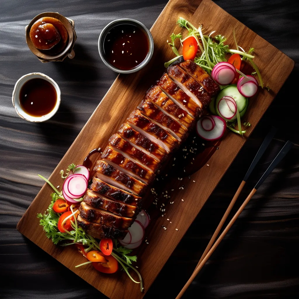 Sliced grilled pork belly topped with pickled vegetables and BBQ sauce.