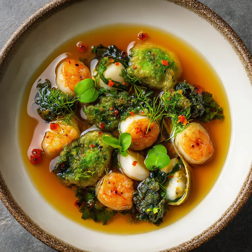 From atop, the vibrant green parsley tempura is interspersed between glistening golden scallops, prawns, and white fish chunks. They're all nestled in a glossy, dashi-infused broth which provides a warm amber hue. A few droplets of chili oil floating on the surface complete the vibrant palette.