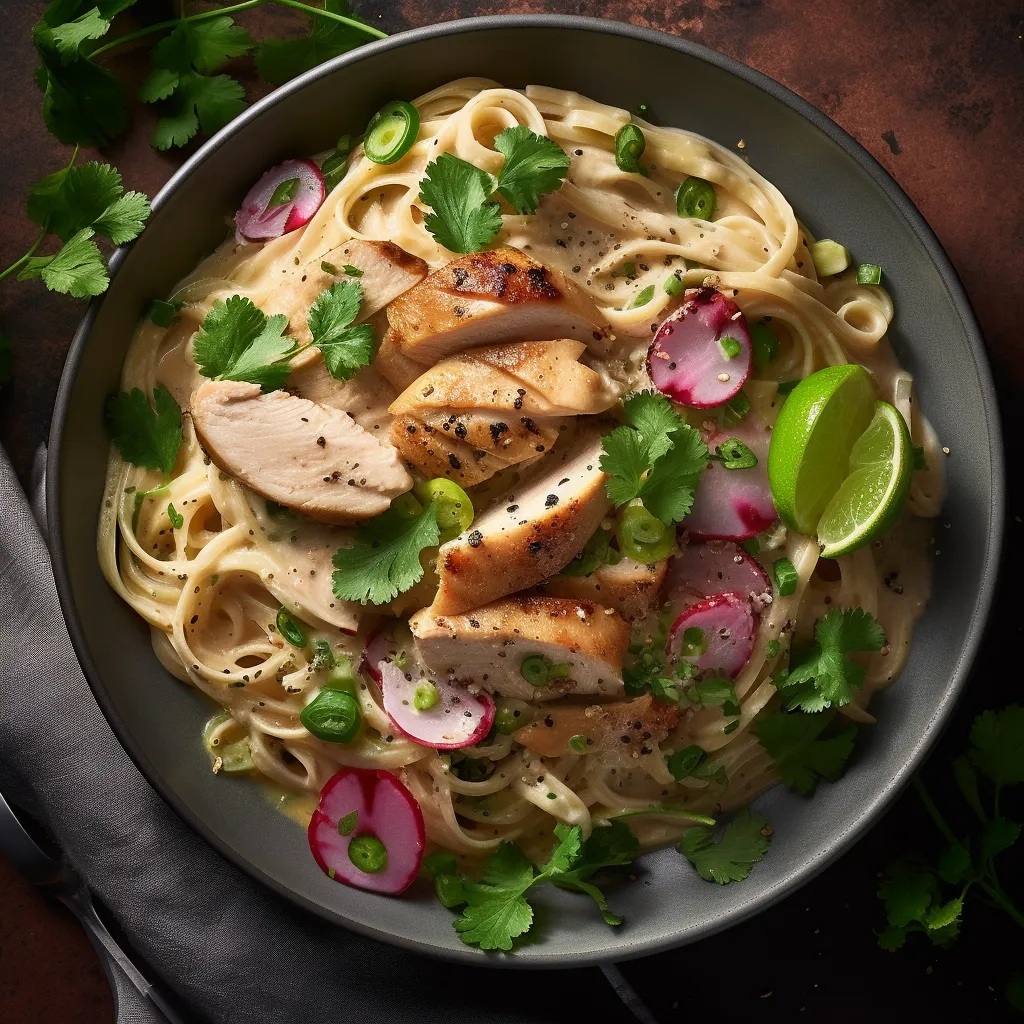A plate of linguine noodles coated in a creamy coconut-lime sauce, topped with jerk-seasoned chicken and garnished with fresh cilantro and sliced radish.