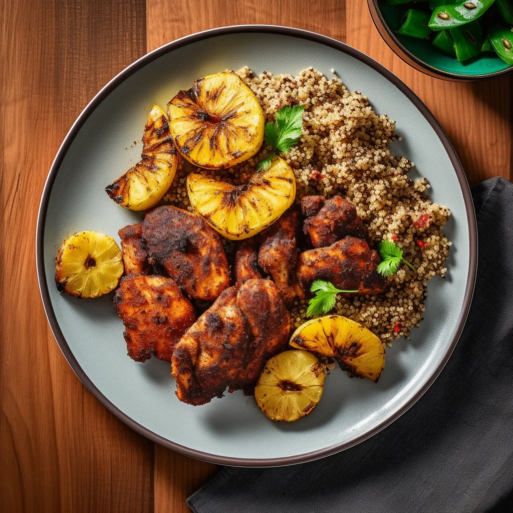 A plate with a bed of quinoa topped with juicy chicken pieces coated in a spicy jerk seasoning and a side of caramelized plantains.