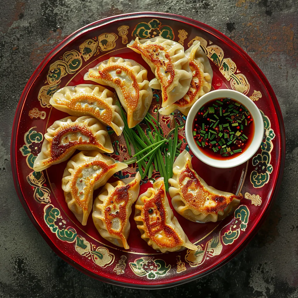A majestic pyramid of golden-browned jiaozi dumplings stands tall on an ornate red plate. The dumplings, seared to perfection, shimmer under soft light, their pleats elegant and uniform. Bright green chives and a contrasting crimson dipping sauce finish the gourmet tableau.