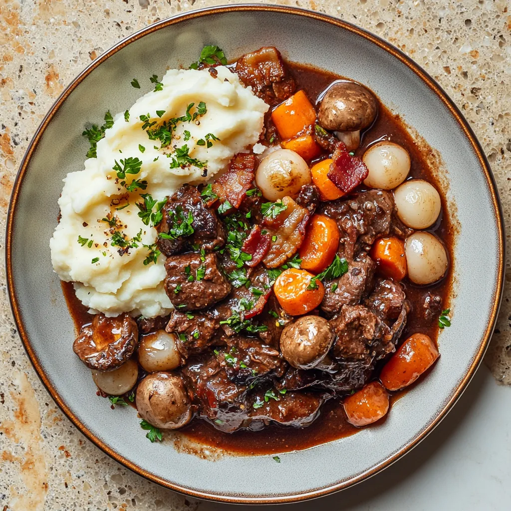 You're looking down at a beautifully crafted plate. The slow-cooked beef stew sits in the center, with a glossy, mahogany hue from the reduced red wine. Scattered on top are pearl onions, lightly charred carrots, plump mushrooms, and crispy bacon. The vibrant garnish of fresh parsley dots the dish, adding a pop of color. It's served with a side of mashed potatoes, their creamy whiteness contrasting with the rich brown stew.