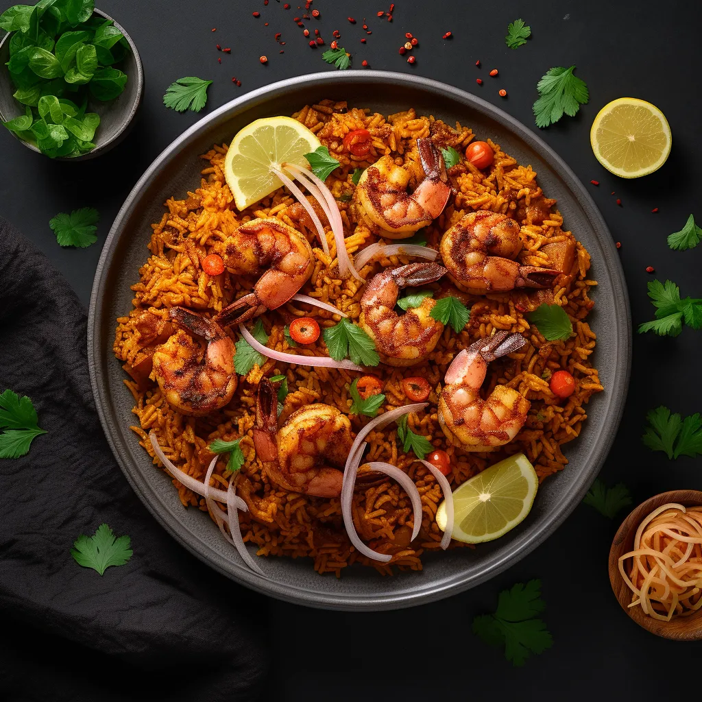 A festive plate of vivid red and orange layered rice with chicken and shrimp garnished with fresh cilantro.