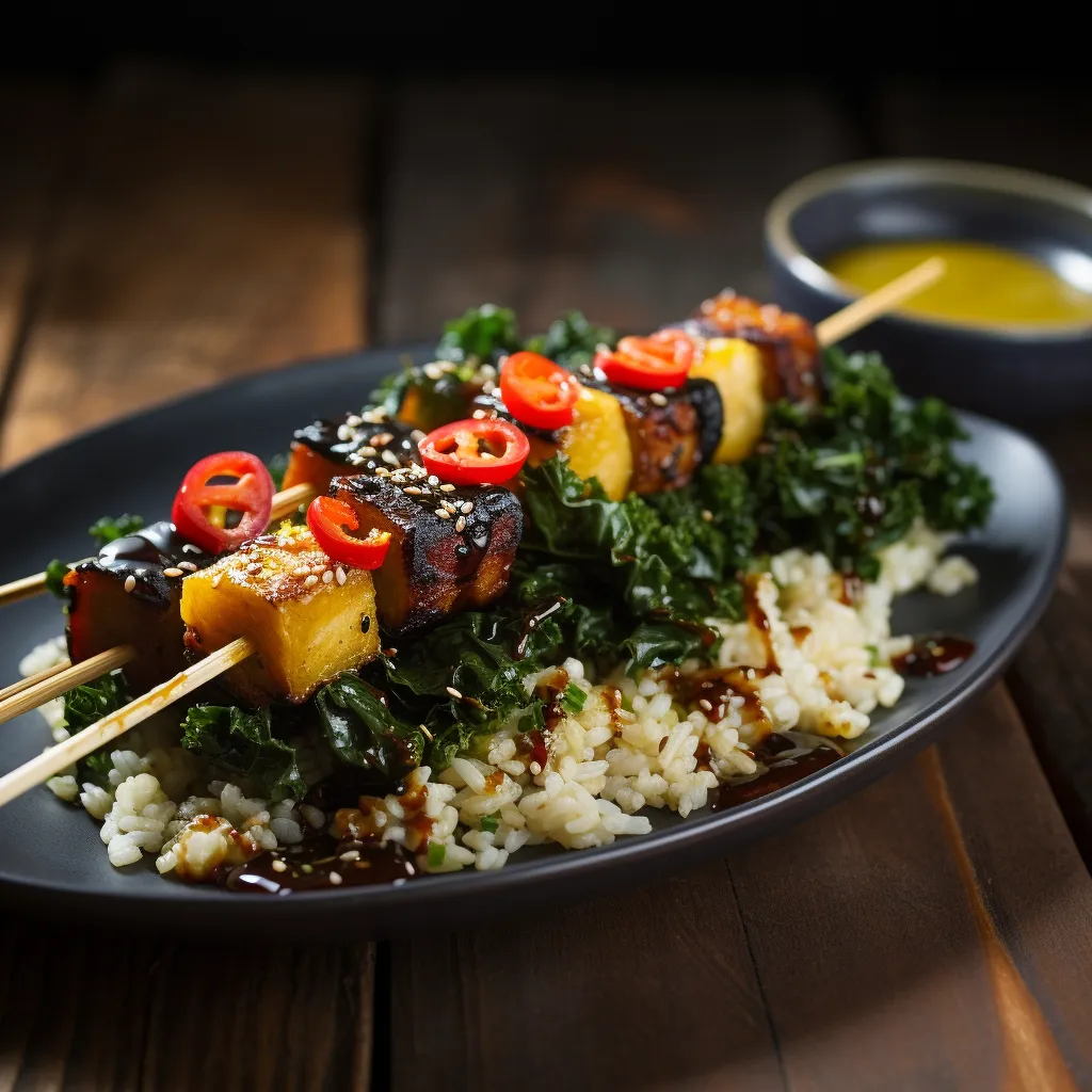 The final dish is a canvas of colors contrasting against a wood-themed plate. Long skewers crowned with glistening chunks of teriyaki-glazed tofu, red bell peppers, and emerald kale leaves catch your eye. Nestled next to these are golden grilled rice balls, studded with specks of green scallion, releasing a citrusy yuzu aroma. A side sauce adds a pop of dark, glossy allure.