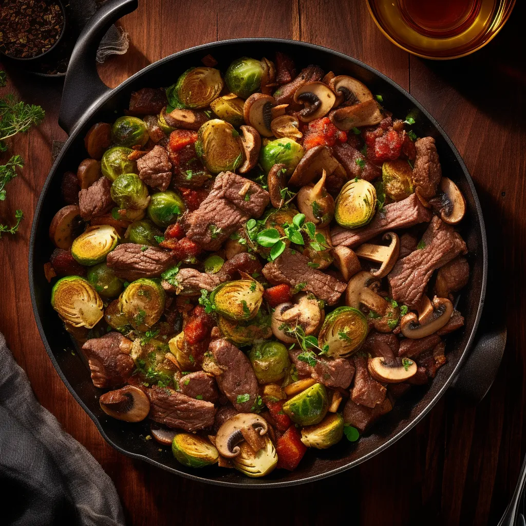 A colorful and hearty skillet dish with browned beef, green brussels sprouts, and sliced mushrooms, seasoned with herbs and spices.