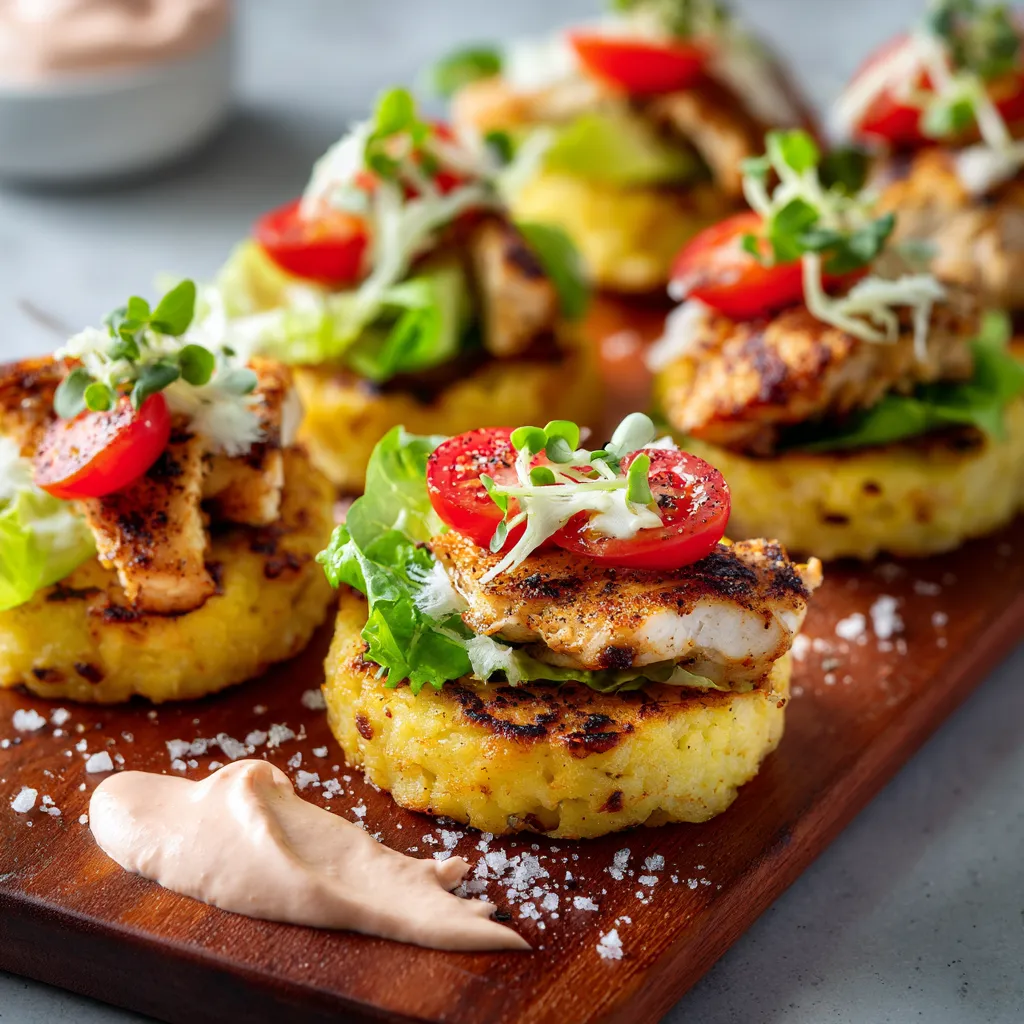 Vibrant sliders fitting perfectly in your hand: golden, slightly charred at the edges, cheesy looking cauliflower rounds, served with smoky chicken strips peeking from within, garnished with shreds of green lettuce and vibrant red cherry tomato halves. A smudge of the pinkish smoky mayo is artfully smeared on the serving board, and a light sprinkle of flaky sea salt and pepper completes the frame.