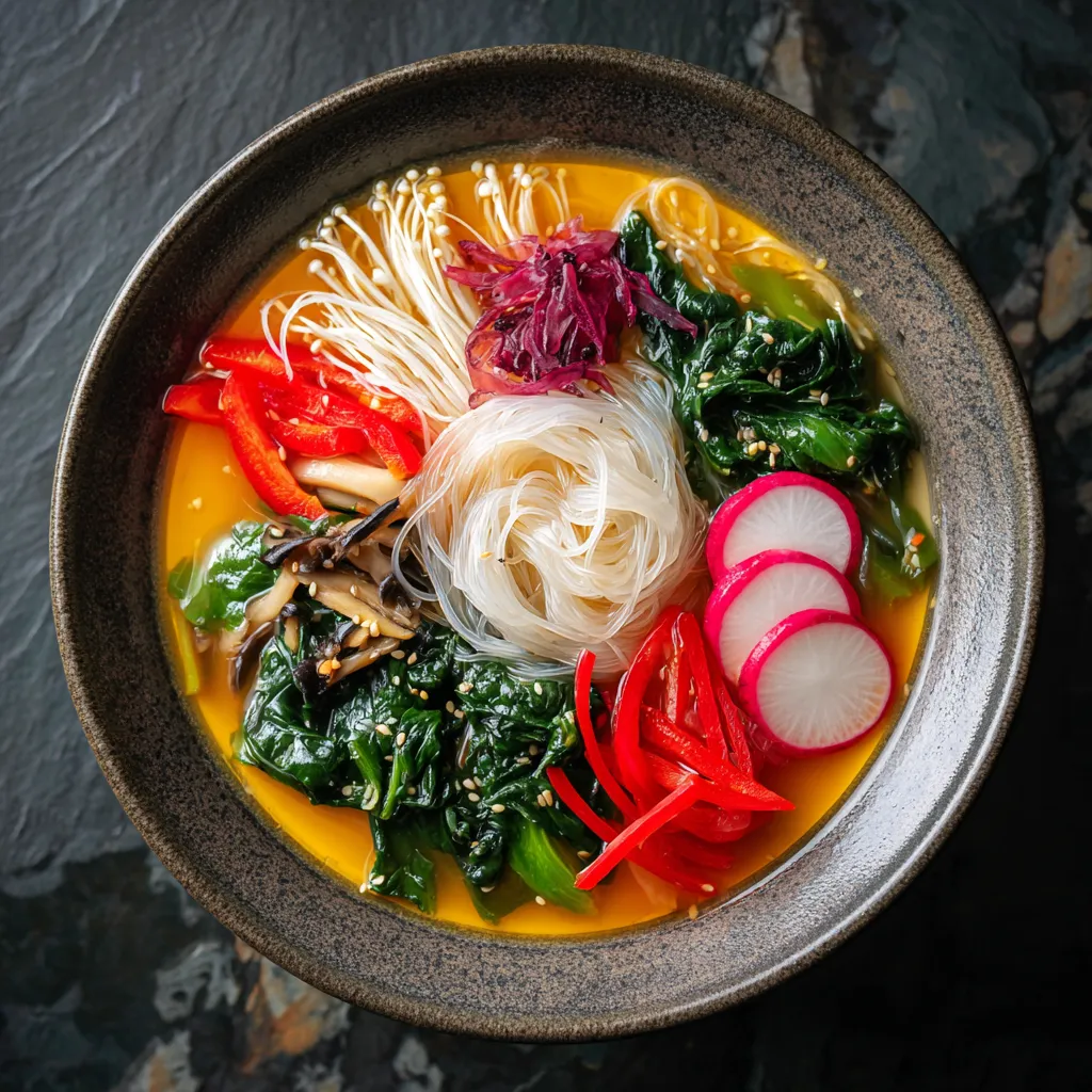 From the top, it resembles a painter's palette with vivid colors: translucent Shirataki noodles forming a nest at the center of the bowl, surrounded by splashes of vibrant green spinach, bright red bell pepper slivers, pearly enoki mushrooms, and deep mauve radish slices. The warm golden Miso-Yuzu broth shimmers invitingly around the ingredients.
