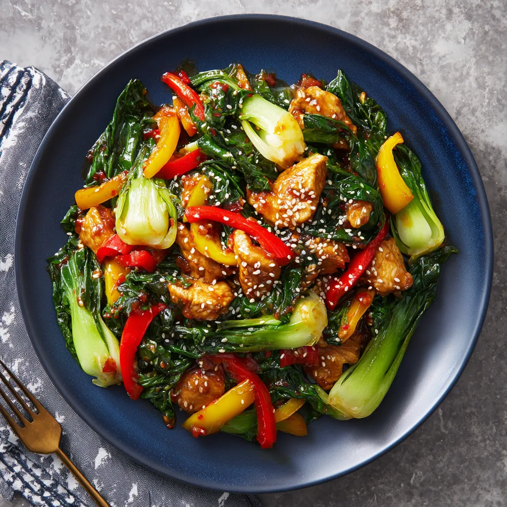 The finished dish glows with a medley of colors against the backdrop of a midnight-blue plate. Bright green bok choy leaves gather around tender chunks of brown stir-fried chicken, punctuated by dashes of red and yellow bell peppers. A sprinkle of sesame seeds across the top adds a final, delicate crunch.