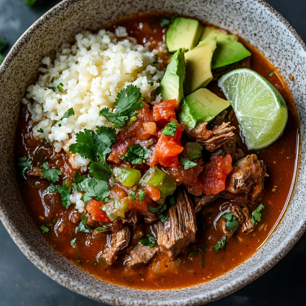 A deep-hued, rustic brown stew filled with tender chunks of pork, splashes of vibrant salsa, and creamy avocado chunks. A delicate mound of white cauliflower rice stands in stark contrast, garnished with fresh cilantro. The dish sparkles with a light dusting of shredded cheese and a wedge of lime on the side.