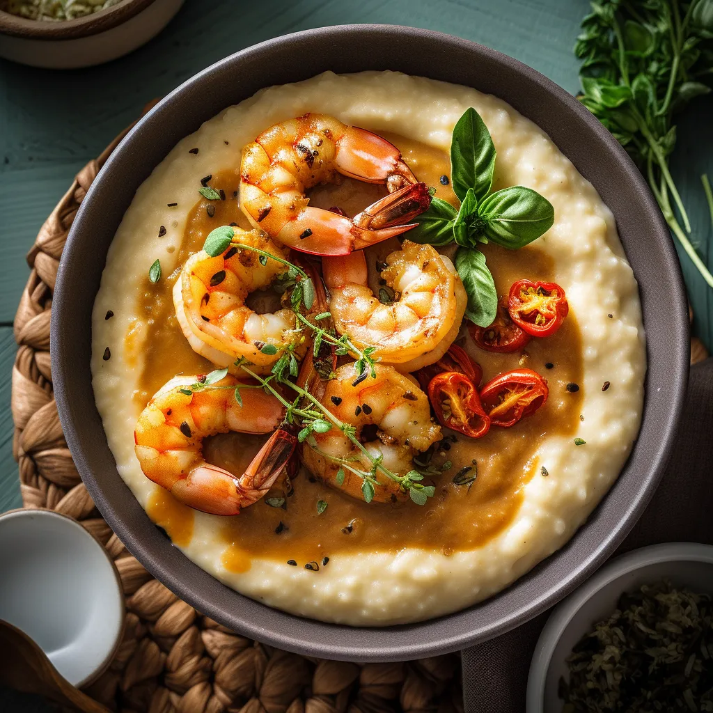 A bowl filled with creamy cauliflower grits, topped with succulent shrimp and rich butter sauce.
