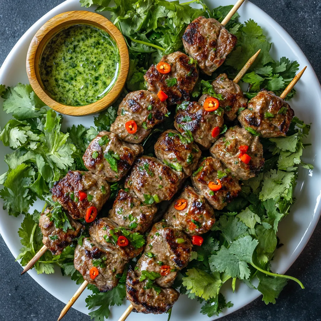 Richly seasoned golden-brown beef skewers delicately charred around the edges are arranged on a lush bed of greens. Garnished with vibrant sprinkles of red chili, fresh cilantro, and a squeeze of lime, the dish promises an enticing blend of flavors and textures. A small faux-wood bowl with a creamy, pale green dipping sauce sits invitingly at the edge of the white minimalist plate.