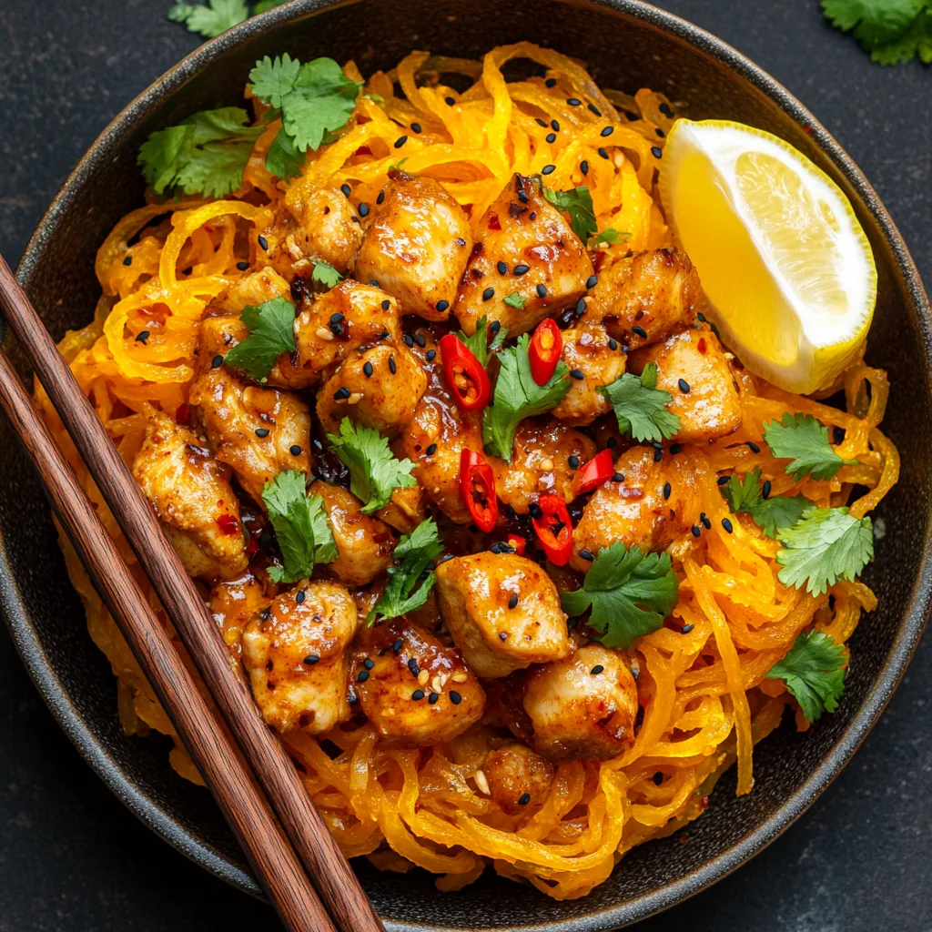 From above, the vibrant golden strands of squash noodles are glistening from the chili garlic sauce, creating a warm autumn canvas. On it rest succulent pieces of chicken, garnished ambitiously with verdant cilantro leaves and chili slices. A lemon wedge on the side is waiting to be squeezed over everything, and a pair of chopsticks lay invitingly by the side.