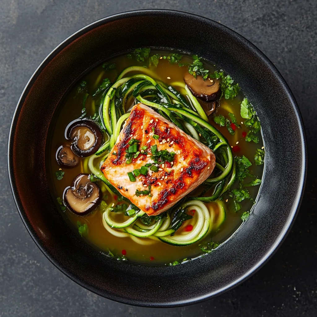 The clear, aromatic broth practically sparkles within the depth of a matte black bowl. Fine strands of green zucchini noodles snake through the soup, punctuated by thin slices of dark brown, meaty Shiitake mushrooms. A generous chunk of perfectly grilled salmon floats elegantly, its pink flesh artfully charred. A smattering of chili flakes and vibrant green spring onion pellets sprinkle the surface, imbuing the dish with enticing pops of color.