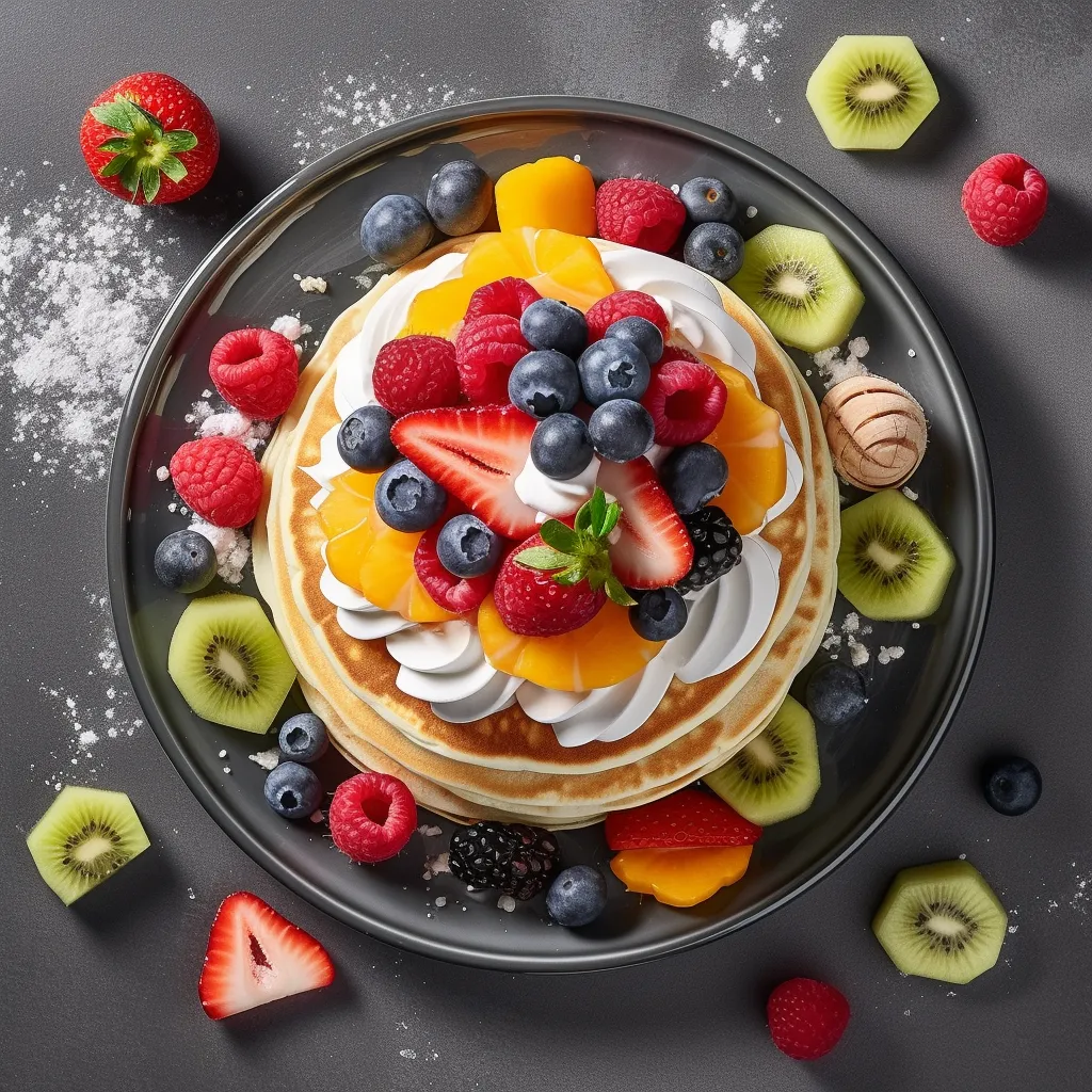Pancake towers arranged in a colorful and playful design, topped with whipped cream and fresh fruits.