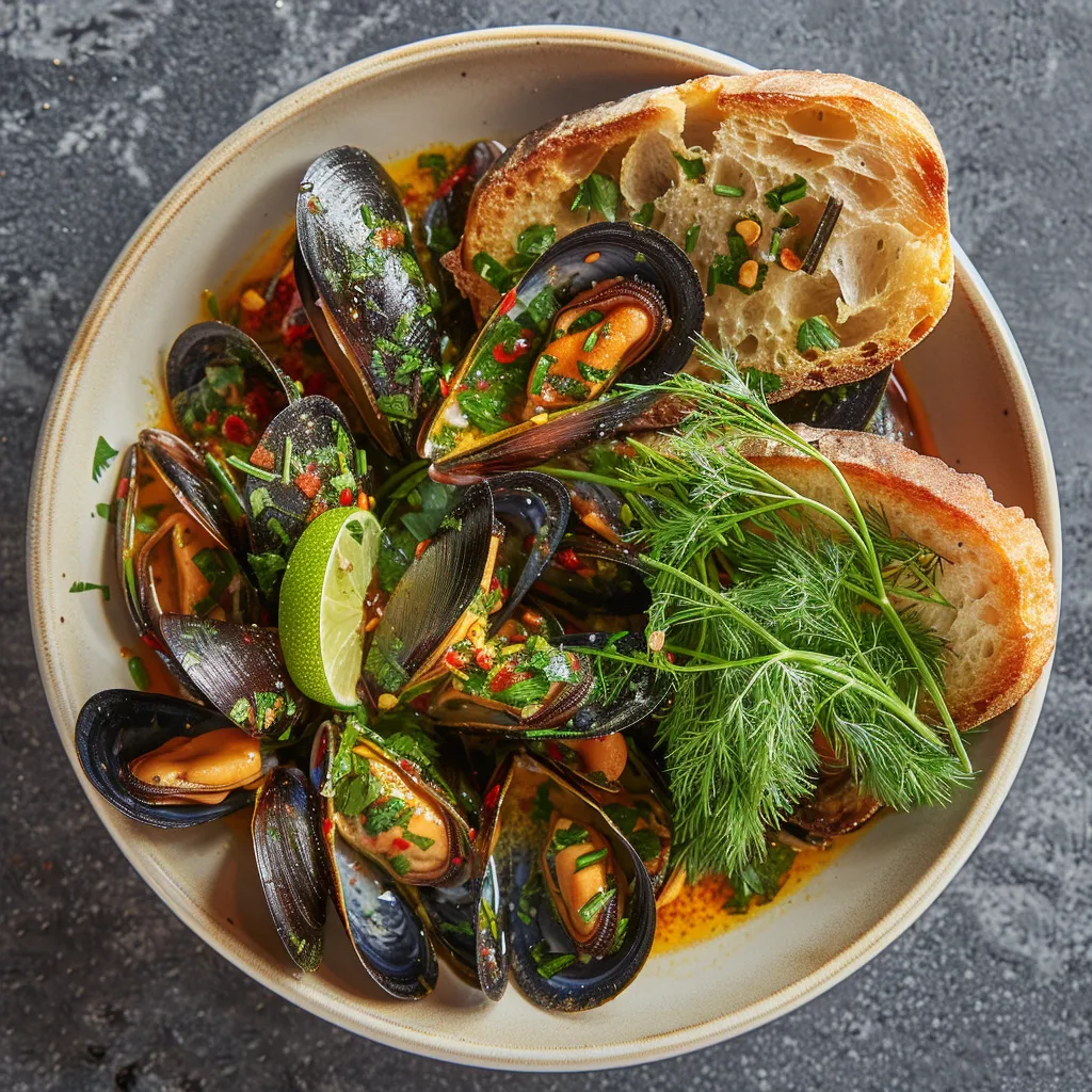 Juicy, open mussels are nestled on a bed of bright green dill, cilantro, and slivers of red chili. The sauce, appearing rich and creamy, pools beneath them, reflecting hints of lime. Grainy chunks of garlic bread offset the mussels’ glistening shells.