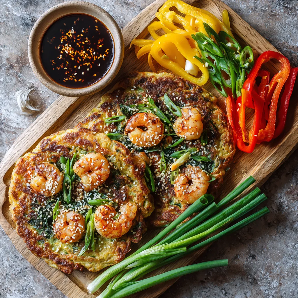 An Instagram-worthy, color-pop feast with two golden-brown circular pancakes taking center stage. There are juicy pink shrimps peeking out from sections, the pancakes are topped with a sprinkle of sesame seeds and are surrounded by fresh, bright green scallions and colorful julienned bell peppers. Add to it a side of tamari and chili-garlic dip for a dash of dark, glossy allure.