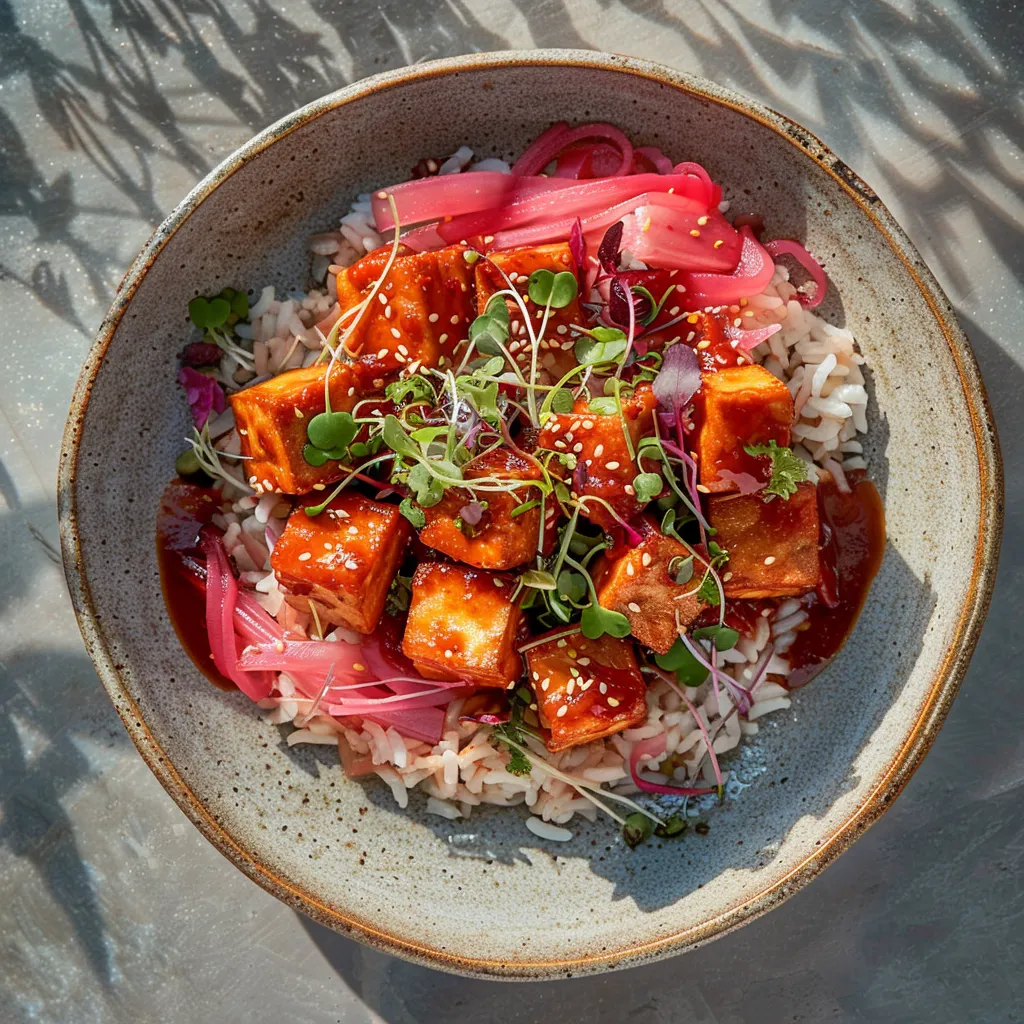 A sunlit plate shows crisp-edged tofu cubes, glossed by the glimmering red rhubarb sauce, topped with a sprinkle of sesame seeds and neatly placed green varieties of microgreens. They all sit atop a bed of fluffy, slightly glossy jasmine rice that turns subtly pink from absorbing the sauce.