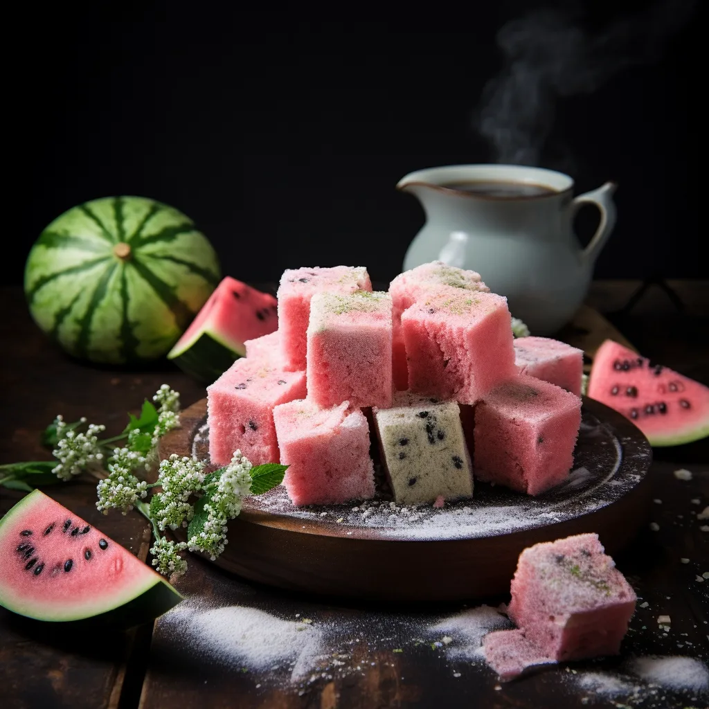 From above, gorgeous pastel-pink squares of fluffy bread arrayed on a dark wood board. Each piece is dusted with powdered sugar, mimicking the internal white layer of a watermelon slice. Cubes of fresh, vibrant watermelon garnish the scene, hinting at the flavor within.