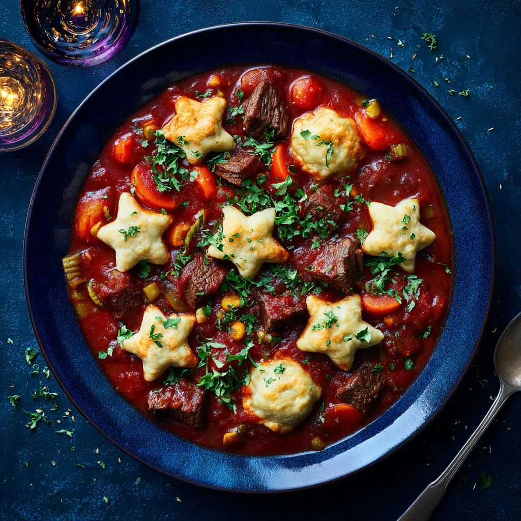A deep blue plate serves as the 'night sky'. The vibrant and luscious red stew, bejeweled with chunks of beef and vegetables, represents the 'earth'. White, star-shaped dumplings float atop the stew like stars against the dark navy plate, only heightening the stunning, festive aesthetic of the dish.