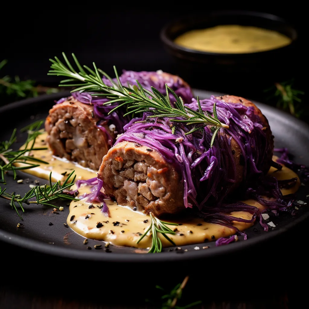 Golden-brown cylinders of stuffed beef, speckled with caraway seeds and garnished with sprigs of rosemary. Underneath, a bed of red cabbage infused with a deep purple hue, and surrounding them, delicate pools of the tangy mustard cream sauce. The plate is accented with a sprinkling of fresh flat-leaf parsley for a pop of vibrant green.
