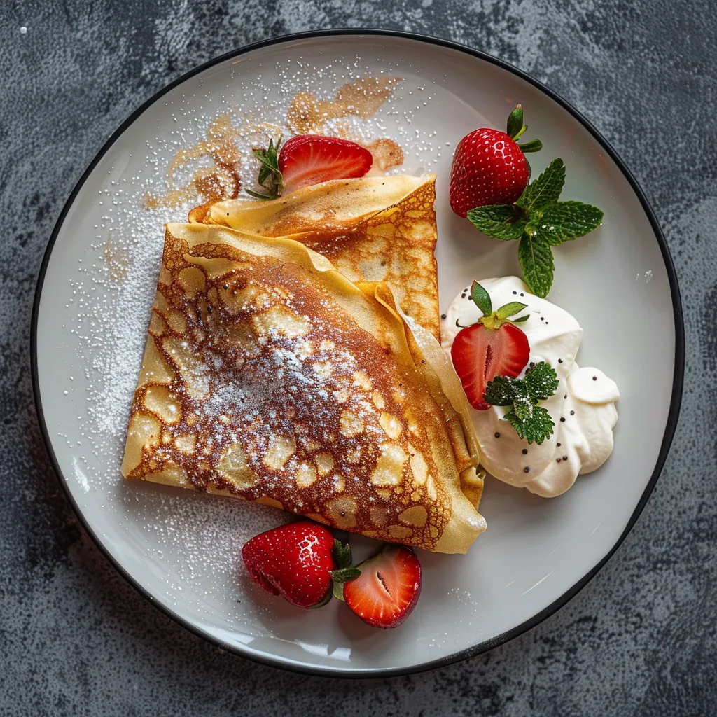 The plate features two warm, golden-brown, thinly rolled crêpes gently folded. Shimmering sliced strawberries peak out from the delicate folds, and a dusting of powdered sugar adorns the top. Smears of luscious mascarpone cream give this dish a rich and luxurious finish. Topped with a solitary, perfect strawberry, it is framed with jubilant sprigs of fresh mint leaves for that pop of color.