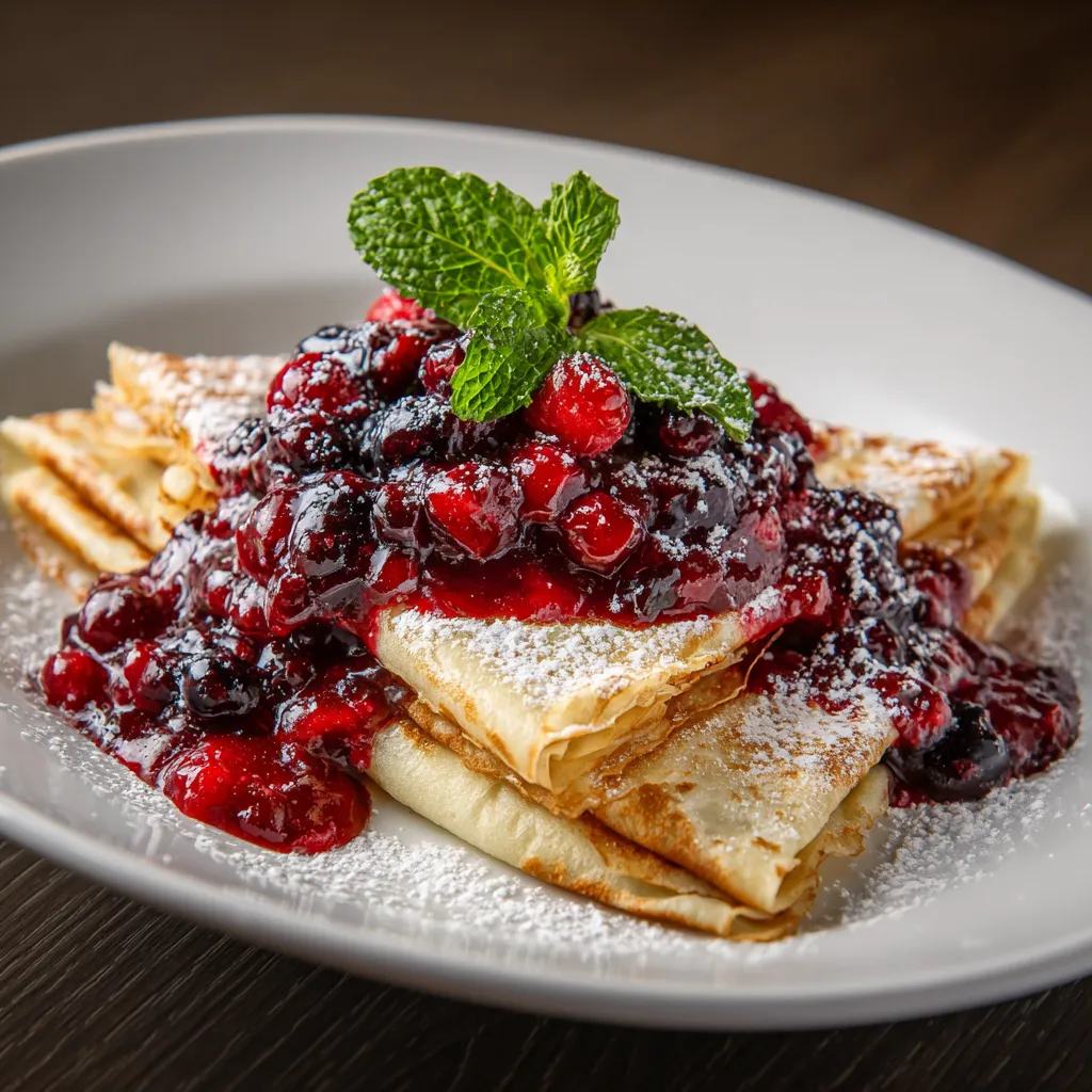 An appealing stack of thin, golden brown crêpes are topped with a lustrous, jewel-toned compote of mixed berries. Sprinklings of powdered sugar mimic a soft snowfall, and a sprig of fresh mint lends a pop of fresh green.