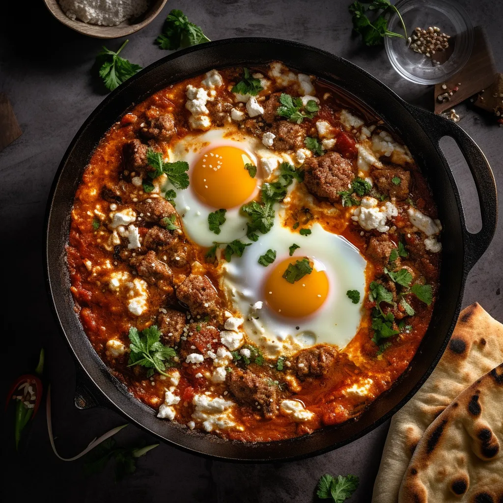 A colorful dish of eggs cooked in a spicy tomato sauce with lamb sausage, fava beans, and crumbled feta cheese. Served with grilled pita bread.