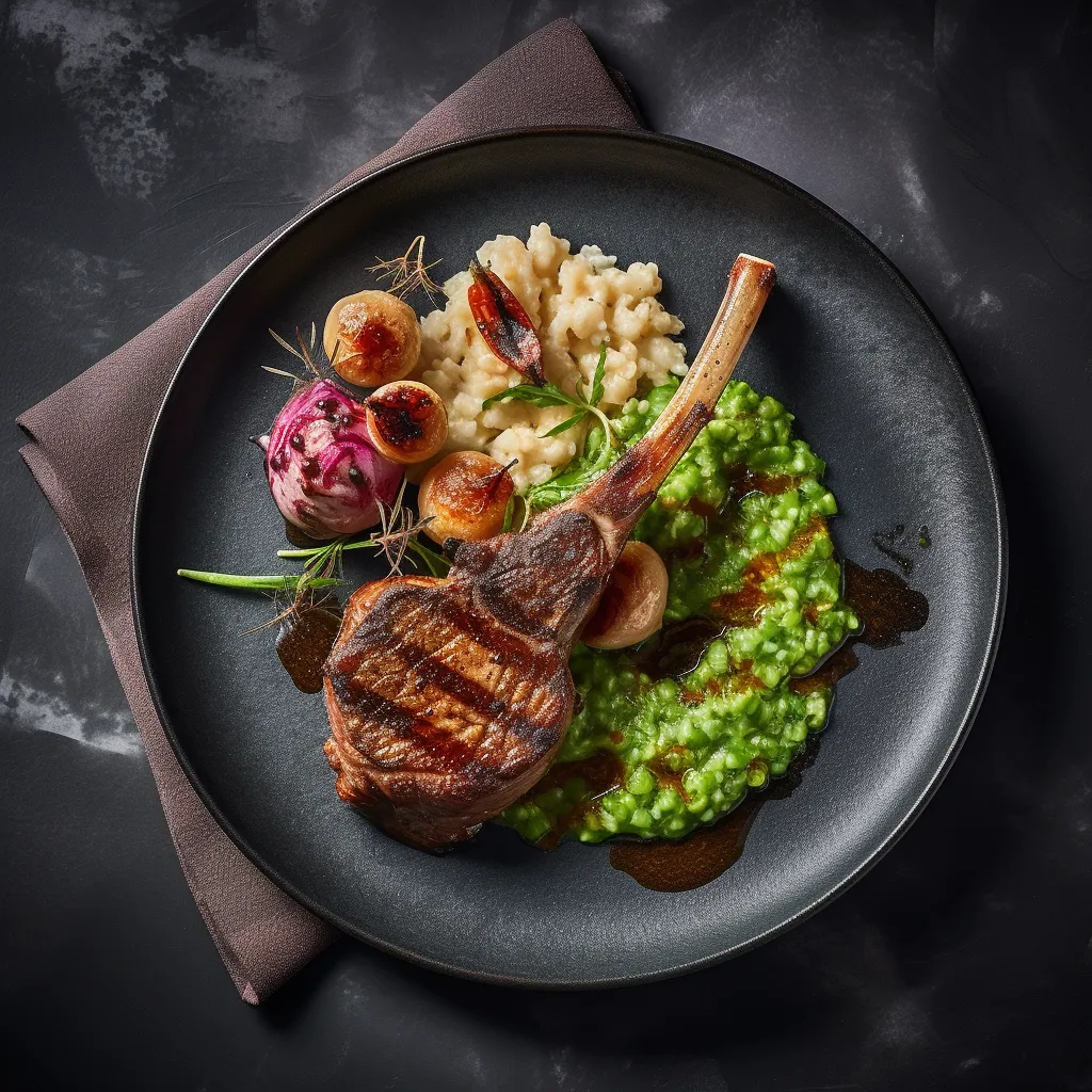 A plate with four lamb chops cooked to medium-rare perfection, topped with a dollop of rhubarb chutney. The side is a creamy, green pea risotto studded with bits of pancetta.