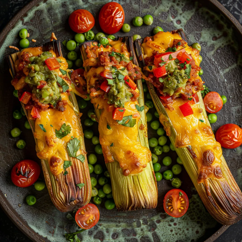 The crispy, golden-brown leeks sit proudly in the center of the plate, cut lengthwise, revealing a heartwarming filling of chorizo, melted cheese, and vibrant green peas. On top, dots of red tomato and green salsa add a pop of festive color. Surrounding the leeks are accents of vibrant salsa verde and roasted cherry tomatoes that glisten tantalizingly.