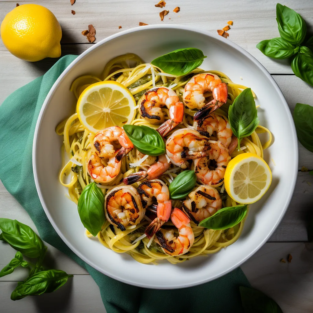 A colorful plate of linguine with grilled shrimp, tossed in a lemon-basil sauce, garnished with fresh herbs and lemon zest.