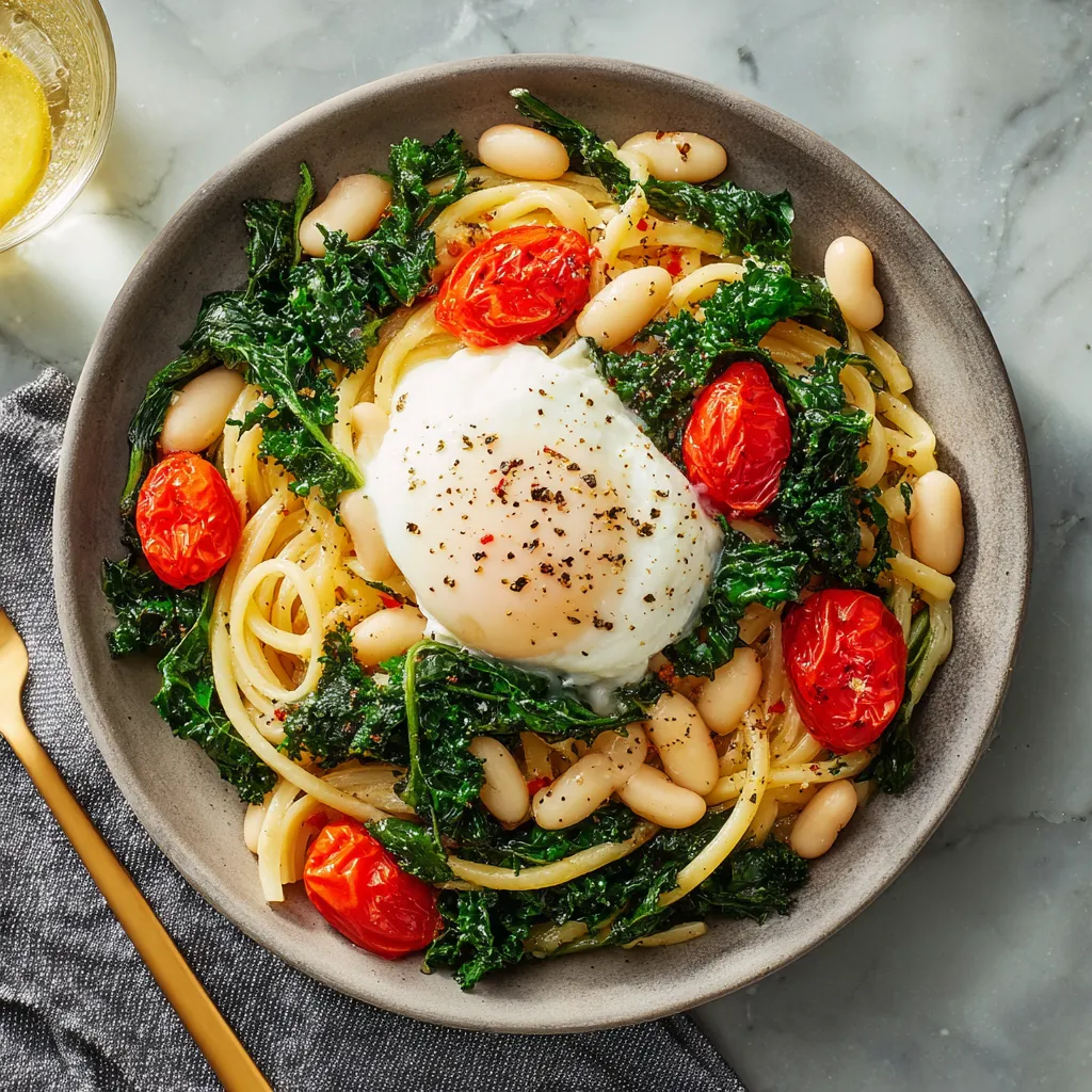 Creamy burrata melting over a bed of linguini, topped with vibrant green sautéed kale, plump white cannellini beans, and bright red cherry tomatoes. A zest of lemon and a final sprinkle of pepper adds a culinary finish.