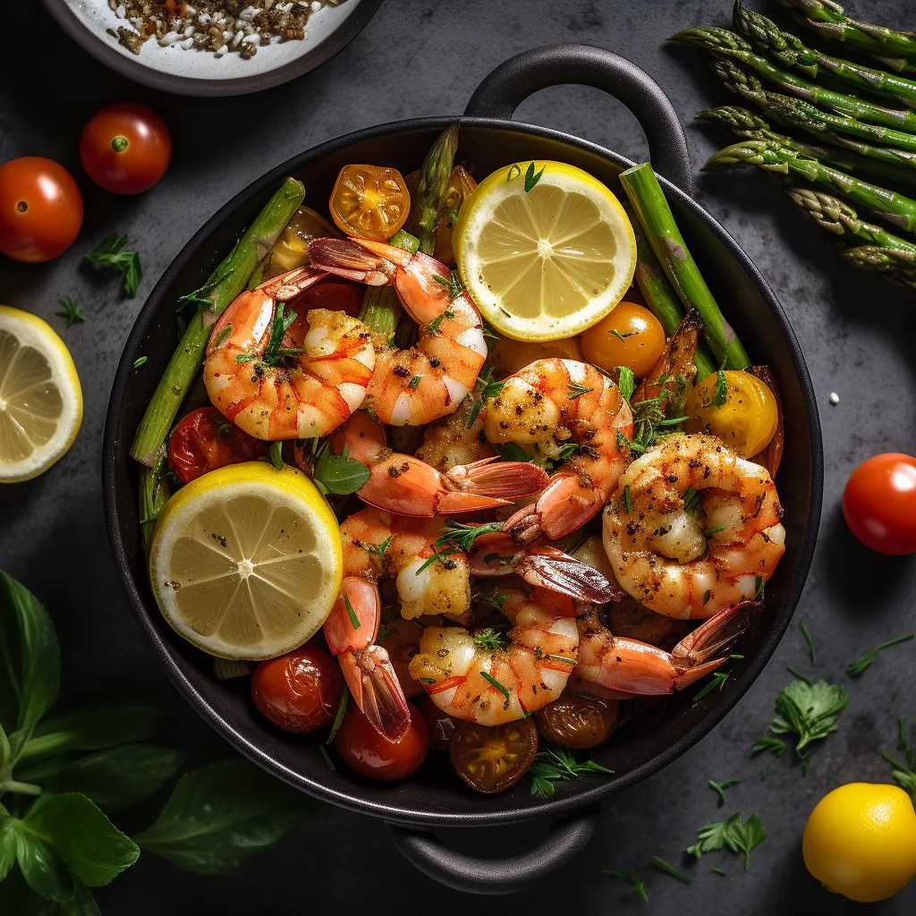Plate filled with grilled shrimp, asparagus, and cherry tomatoes topped with a lemon garlic sauce. Garnished with fresh parsley.