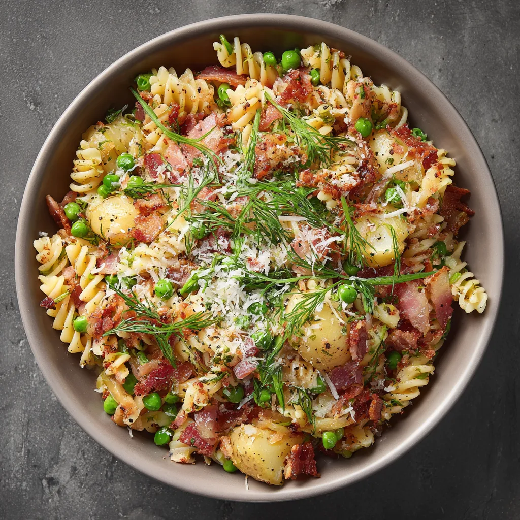 From above, tight spirals of glossy fusilli are tossed with halved golden new potatoes, emerald peas, and ribbons of charred scallion, topped with pink-crisp bacon shards, feathery dill, lemon zest, cracked pepper, and a snowy drift of grated Parmesan in a wide shallow bowl.