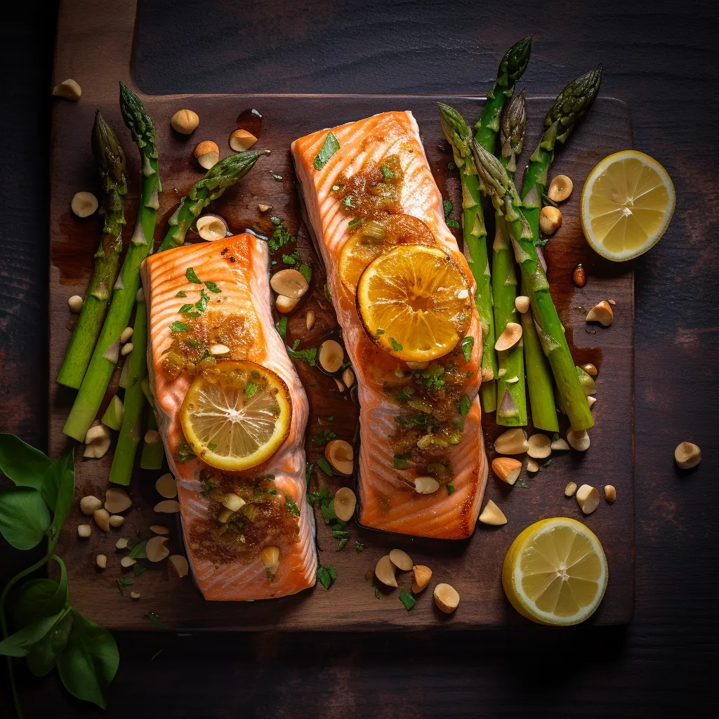 Baked salmon fillets on a bed of asparagus with a lemon-garlic sauce and sprinkled with hazelnuts.