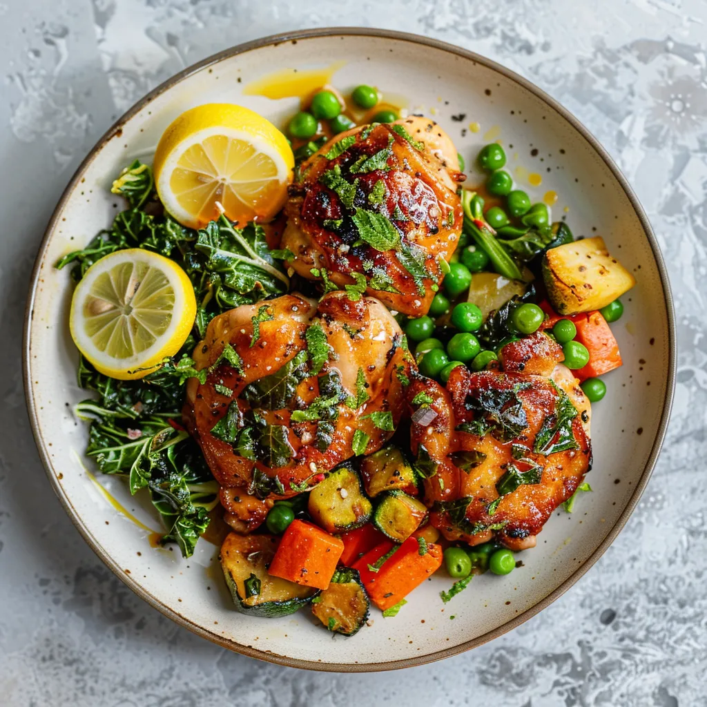 An inviting plate displays golden-brown chicken combined with the bright green hues of sautéed sorrel and an assortment of vibrant mixed spring vegetables. A squeeze of lemon settles atop, adding a hint of yellow, and a drizzle of honey glaze gives it a lustrous sheen, making it an Instagram-worthy highlight.
